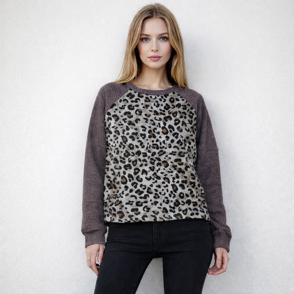 Womens Leopard Print Raglan Lightweight Sweatshirt Long Sleeve Casual Top Size M